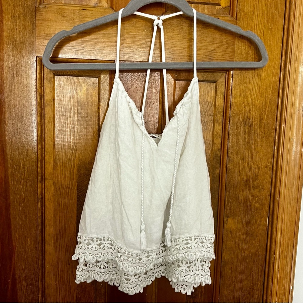 ABERCROMBIE AND FITCH tank top white floral lace tassel tie criss cross back